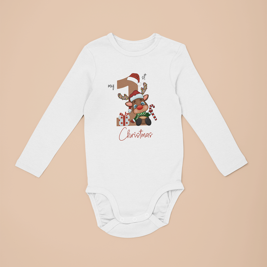 My 1st Christmas Reindeer Printed Christmas Long Sleeve Baby Vest